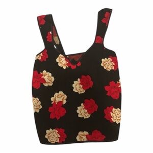 Vintage Petra Fashions Black Tank Top with Red and Cream Floral Design